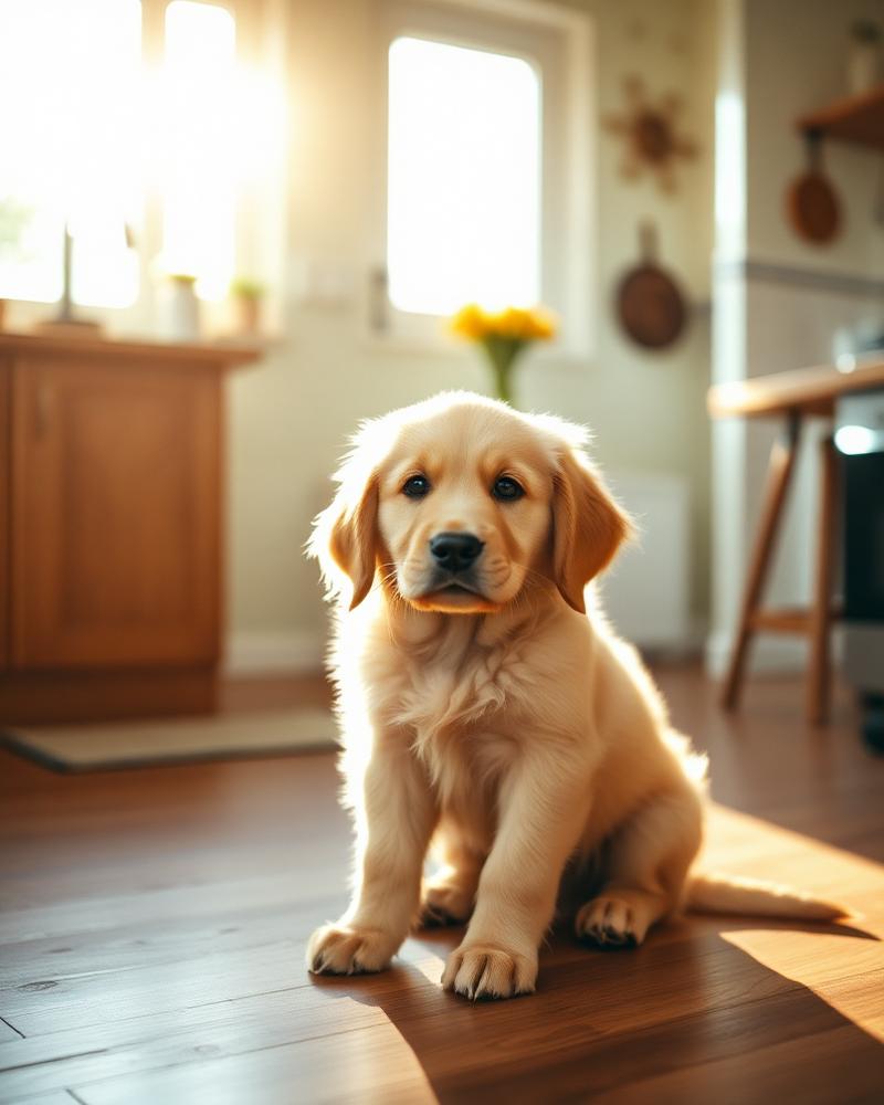 Golden retriever puppy in a sunlit kitchen